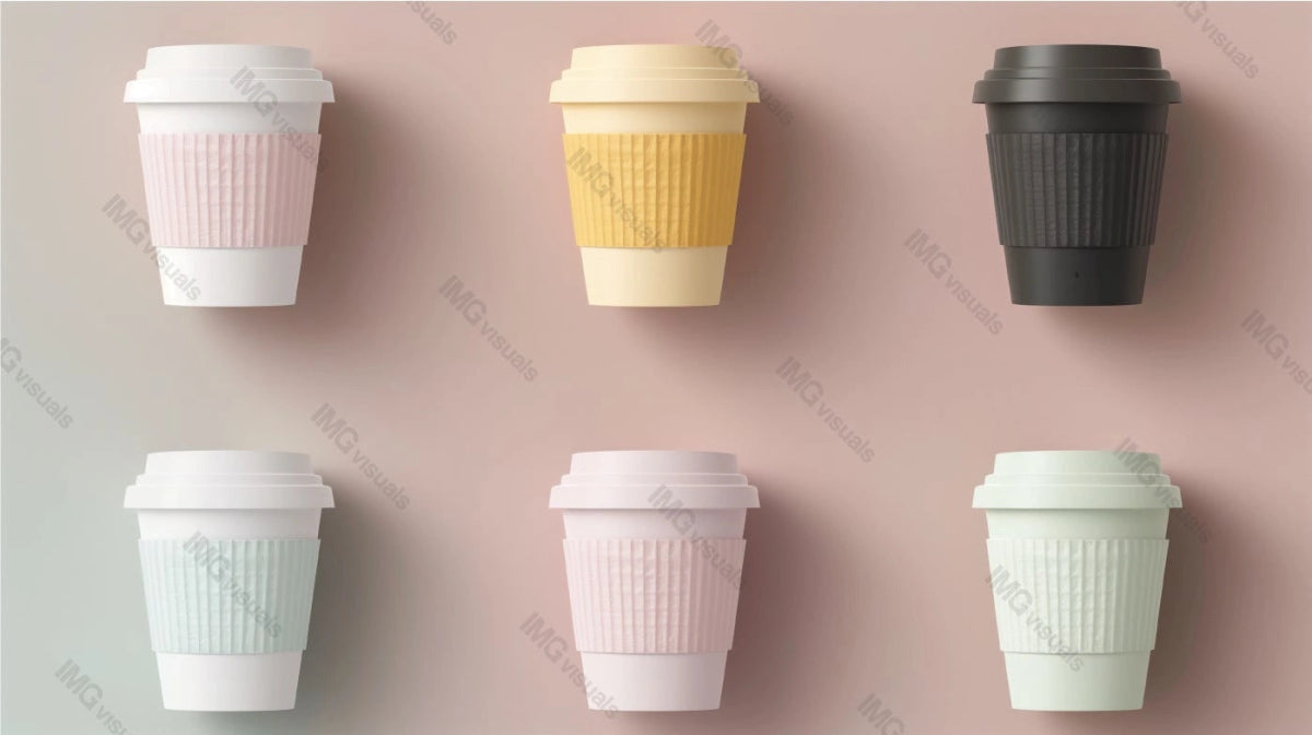 Six coffee cups mockup with pastel ribbed sleeves against pink beige backdrop, ai generated. Coffeecups template advertising image. Coffeeshop takeaway beverages mock up products photorealistic