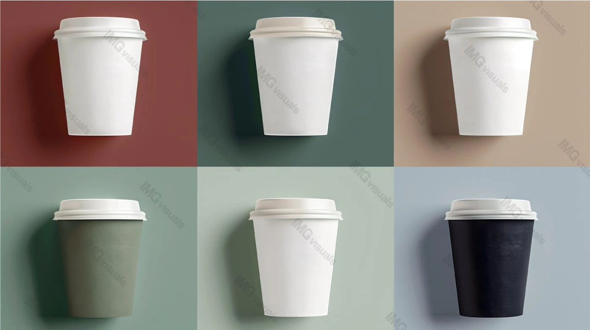 Six coffee cups mockup with white lids against muted colors backgrounds, ai generated. Modern aesthetic. Coffeecups template advertising image. Coffeeshop takeaway beverages mock up products realistic