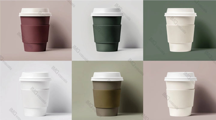 Six coffee cups mockup with white lids in minimalist aesthetic, ai generated. Contemporary look. Coffeecups template advertising image. Coffeeshop takeaway beverages mock up products photorealistic