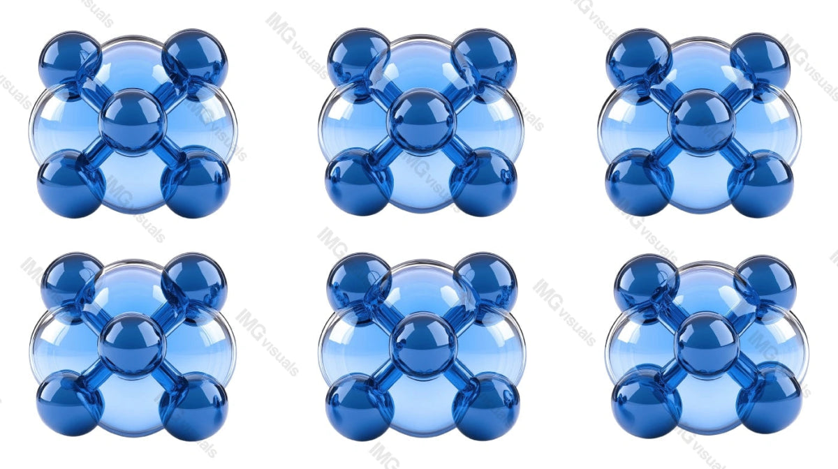 Six identical blue molecular structures clusters transparent image set, ai generated. Scientific chemical modeling isolated cutouts 3d render. Spheres cut outs cliparts design elements png collection