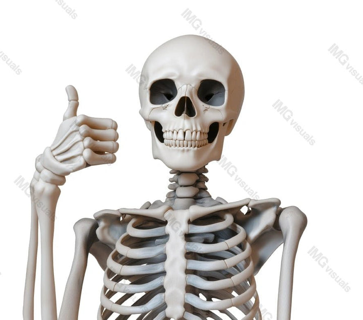 Skeleton making thumb-up gesture with wide toothy grin transparent image, ai generated. Humorous anatomical model isolated cutout 3d render. Skeletal gesture cut out clipart design element png
