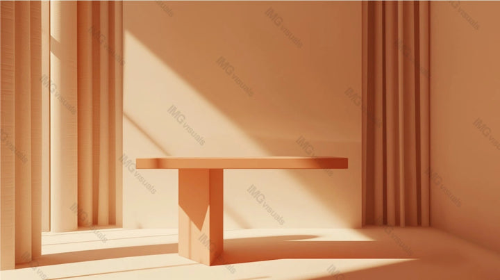 Sleek minimalist table with solid rectangular top and single support column, ai generated. Bathed in warm sunlight. Monochromatic peach tones. Showcase background. Presentation product display design