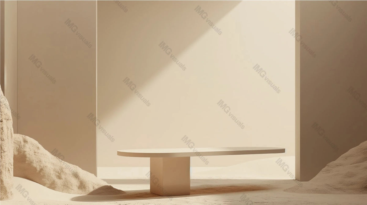 Sleek oval table with single pedestal base mockup against soft beige walls, ai generated. Sandy textures, neutral colors. Minimalist composition. Empty showcase background. Presentation display design