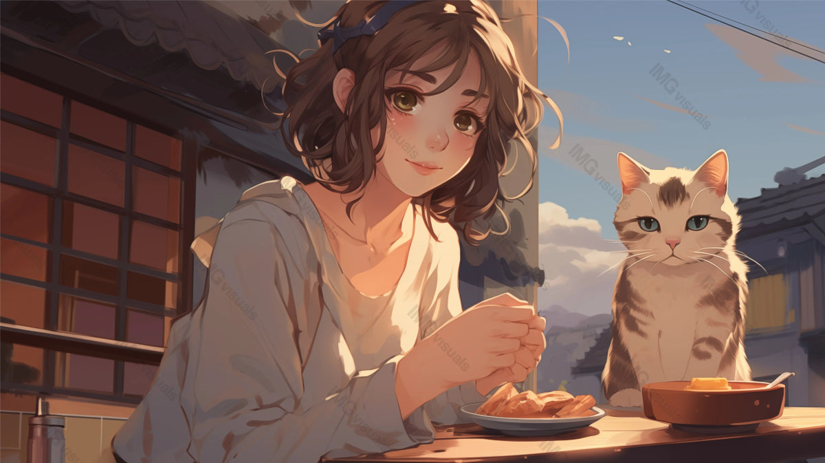 Smiling anime girl shares meal with cat outdoors ai generated 2D cartoon illustration. Warm sunlight, pleasant mealtime lofi wallpaper background lo-fi art. Domestic life flat image cozy chill vibe