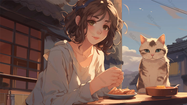 Smiling anime girl shares meal with cat outdoors ai generated 2D cartoon illustration. Warm sunlight, pleasant mealtime lofi wallpaper background lo-fi art. Domestic life flat image cozy chill vibe