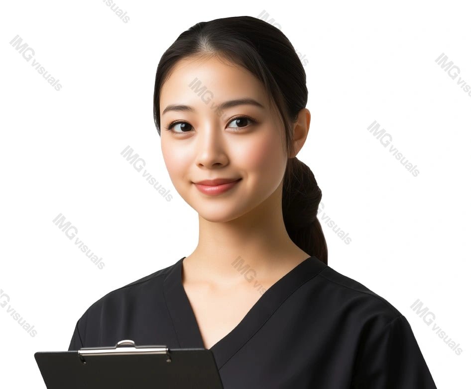 Smiling asian nurse in black scrubs holding clipboard image isolated transparent, ai generated. Japanese woman caregiver trusted cut out photo png. Healthcare provider cutout photography