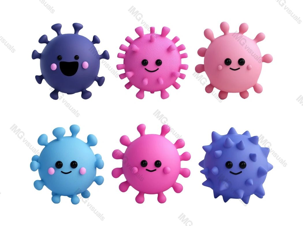 Smiling kawaii cartoon virus characters transparent image set, ai generated. Bacteria mascot isolated cutouts 3d render. Microbiology, virology cut outs cliparts design elements png collection