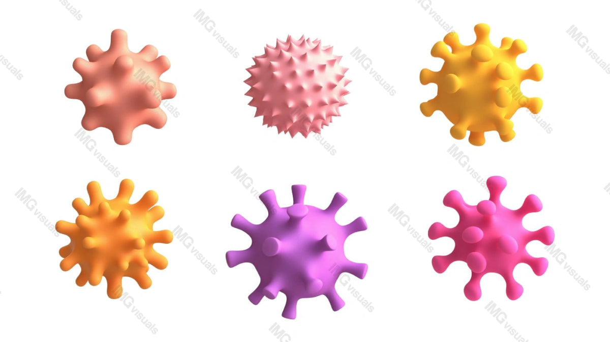 Soft and abstract virus models in unique shapes transparent image set, ai generated. Microorganisms isolated cutouts 3d render. Microbiology, virology cut outs cliparts design elements png collection