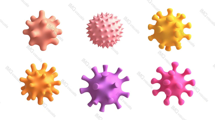 Soft and abstract virus models in unique shapes transparent image set, ai generated. Microorganisms isolated cutouts 3d render. Microbiology, virology cut outs cliparts design elements png collection