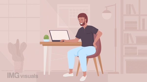 Animated spine problem illustration. Back pain due to prolonged sitting. Office syndrome. Looped flat color 2D cartoon character animation with workplace on background. HD video with alpha channel