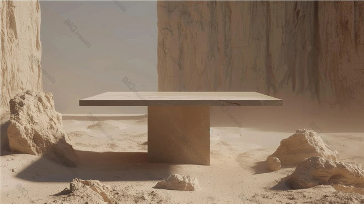 Stark minimalist table set in desert with rugged rock formations, ai generated. Sleek surface and rough natural surroundings. Empty showcase background. Branding presentation product display design