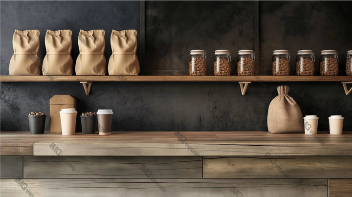 Stylish coffeeshop counter with brown bags mockup and glass jars of beans, ai generated. Coffee cups arranged on wooden shelves template advertising image. Coffee shop interior mock up photorealistic