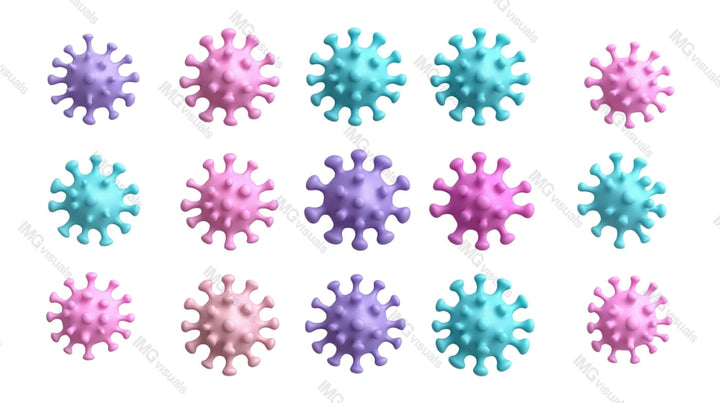 Stylized colorful viruses microorganisms transparent image set, ai generated. Microscopic organisms isolated cutouts 3d render. Microbiology, virology cut outs cliparts design elements png collection