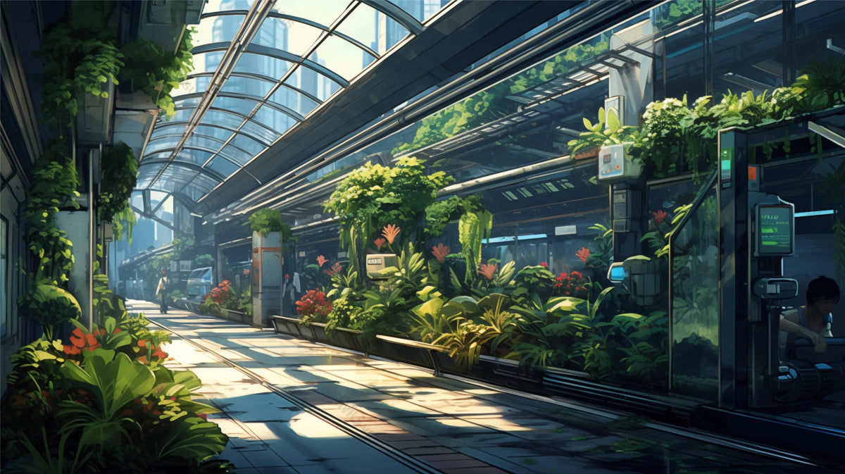 Sun-drenched train platform surrounded by tropical plants ai generated 2D cartoon illustration. Eco friendly transit lofi wallpaper background lo-fi art. Radiant sunlight flat image cozy chill vibe
