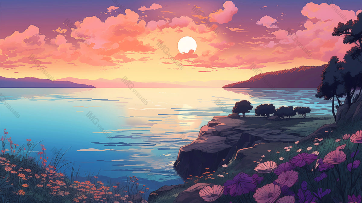 Sun over peaceful lake with vibrant wildflowers ai generated 2D cartoon illustration. Distant hills silhouetted against pink sky lofi wallpaper background lo-fi art. Floral lakeside flat image