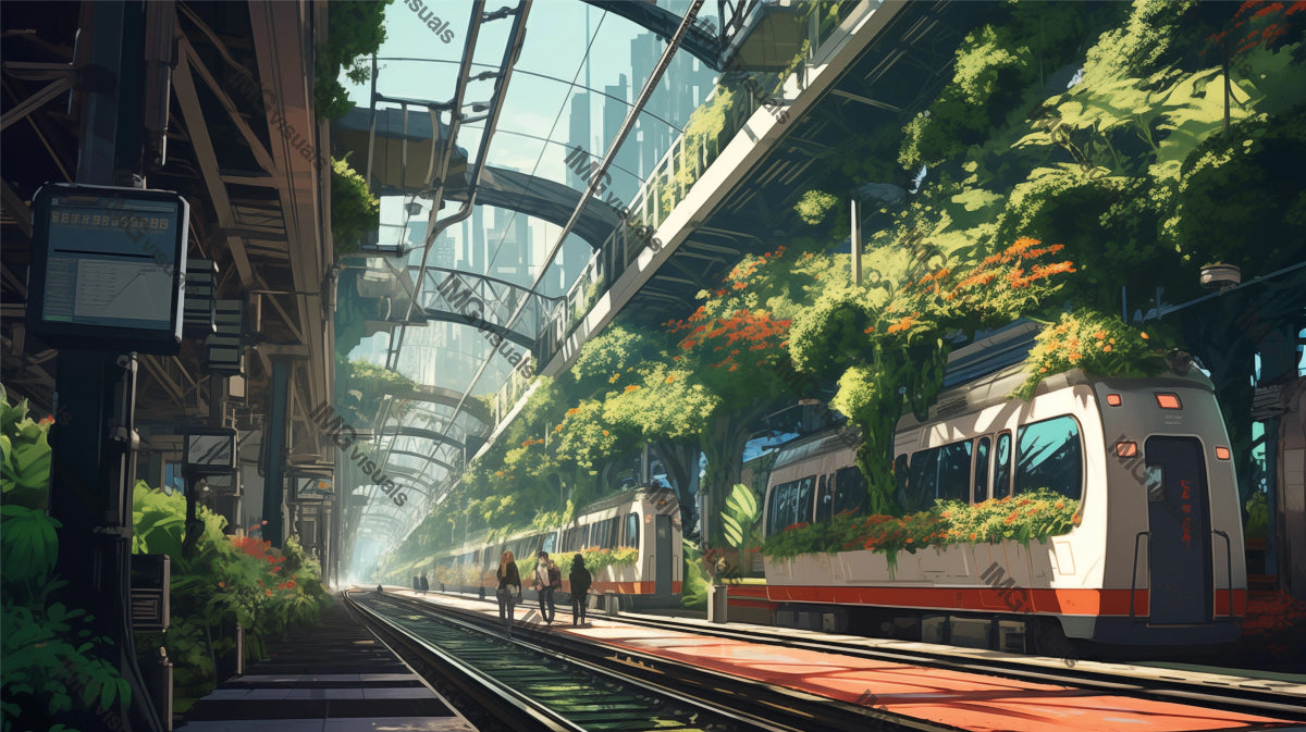 Sunlit eco-friendly train station ai generated 2D cartoon illustration. Orange-flowered plants over modern train lofi wallpaper background lo-fi art. Sustainable travel flat image cozy chill vibe