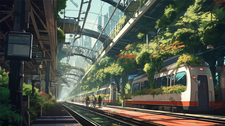 Sunlit eco-friendly train station ai generated 2D cartoon illustration. Orange-flowered plants over modern train lofi wallpaper background lo-fi art. Sustainable travel flat image cozy chill vibe