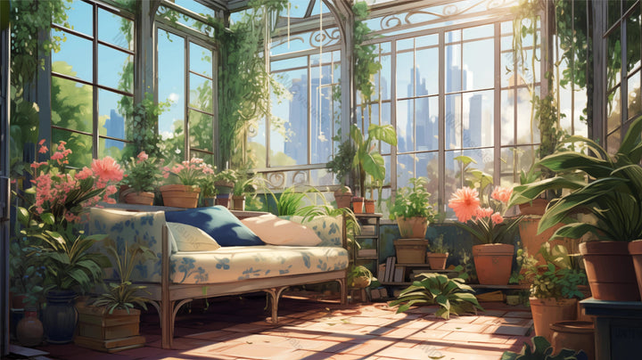 Sunny conservatory with daybed ai generated 2D cartoon illustration. Panoramic windows, potted flora, city horizon lofi wallpaper background lo-fi art. Daylight warmth flat image cozy chill vibe