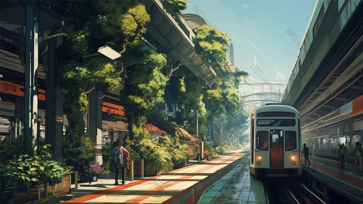 Sunny train station with lush hanging plants ai generated 2D cartoon illustration. Arriving train lofi wallpaper background lo-fi art. Botanical design. Urban greenery flat image cozy chill vibe