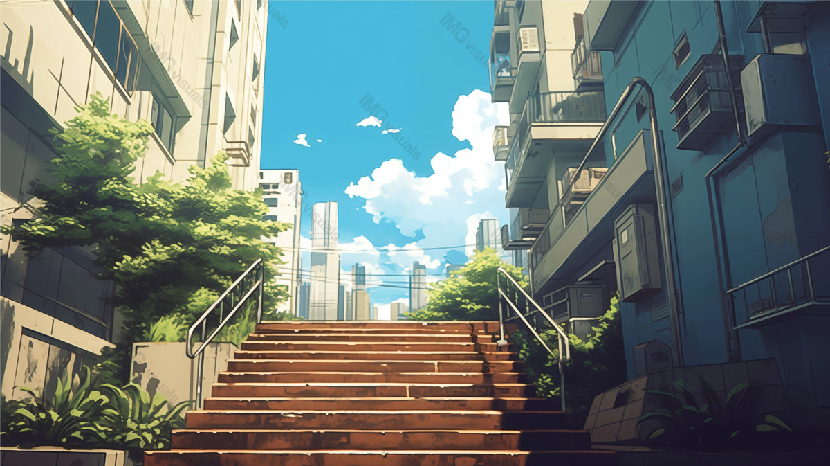 Sunny urban stairway flanked by greenery ai generated 2D cartoon illustration. High-rise buildings, clear blue sky lofi wallpaper background lo-fi art. City staircase bushes flat image cozy chill vibe