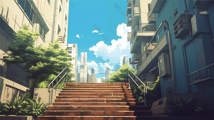 Sunny urban stairway flanked by greenery ai generated 2D cartoon illustration. High-rise buildings, clear blue sky lofi wallpaper background lo-fi art. City staircase bushes flat image cozy chill vibe
