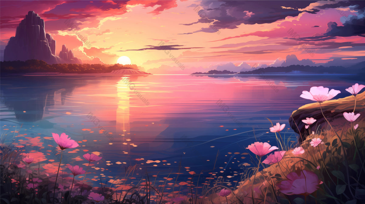 Sunset casting glow over tranquil lake wildflowers ai generated 2D cartoon illustration. Lakeshore flora peaceful dusk lofi wallpaper background lo-fi art. Tranquil waters flat image cozy chill vibe