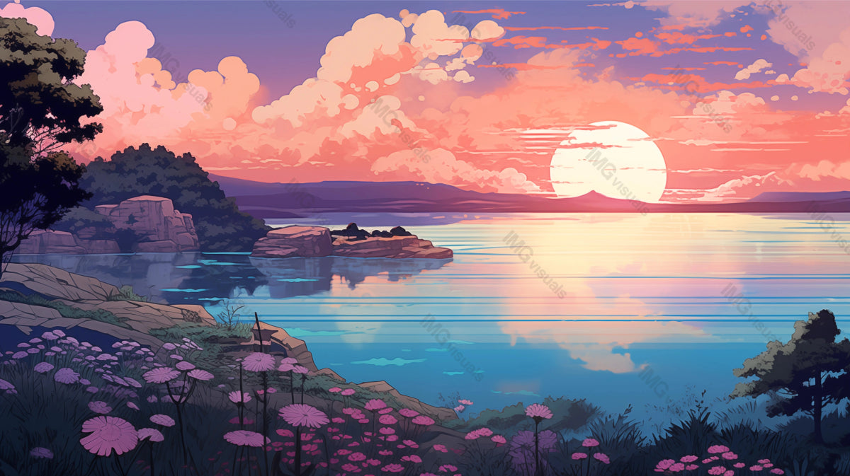 Sunset casts pink hue over tranquil sea ai generated 2D cartoon illustration. Peaceful horizon pinkish clouds lofi wallpaper background lo-fi art. Coastal flora seascape flat image cozy chill vibe
