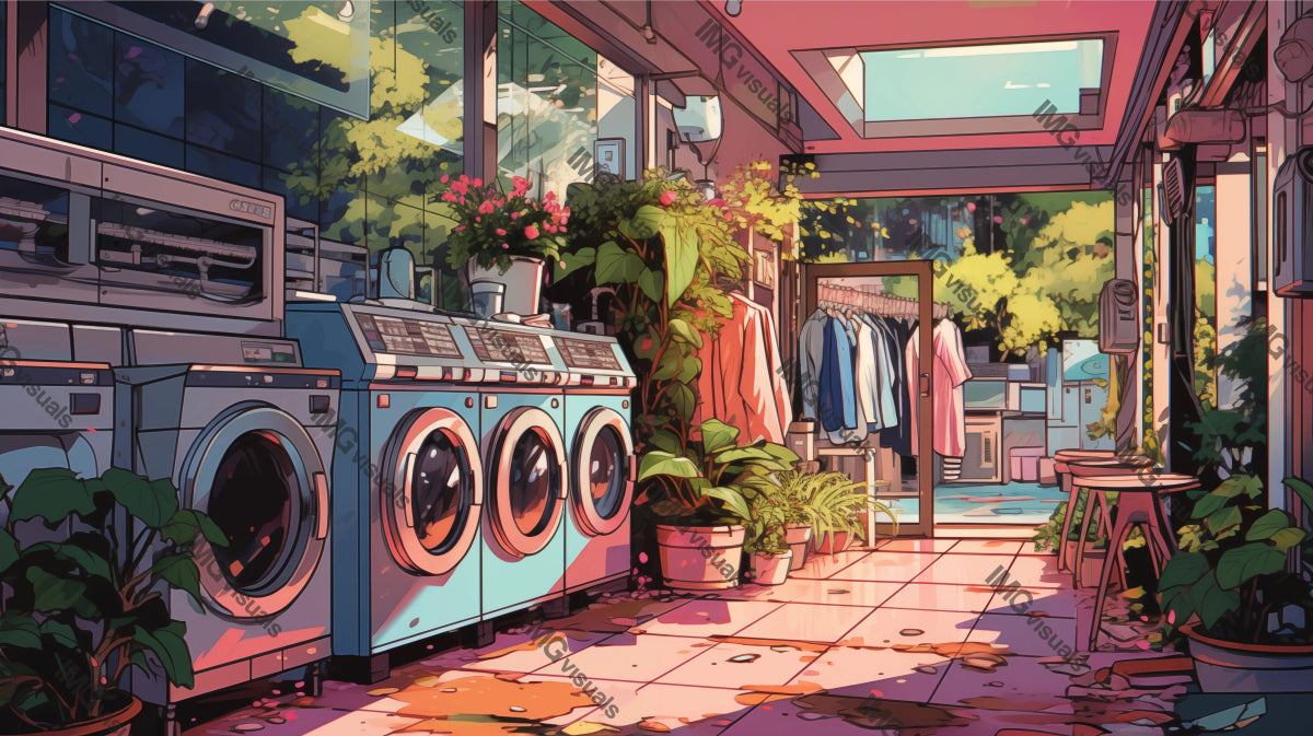 Sunset colors reflect in vibrant laundromat ai generated 2D cartoon illustration. End-of-day chores lofi wallpaper background lo-fi art. Warm hues, tranquil laundrette flat image cozy chill vibe