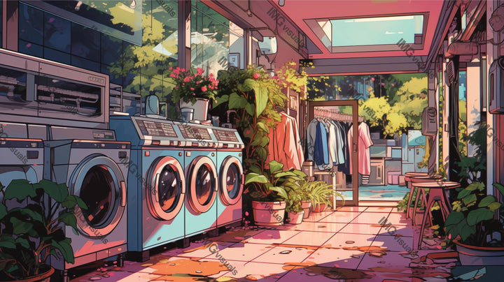 Sunset colors reflect in vibrant laundromat ai generated 2D cartoon illustration. End-of-day chores lofi wallpaper background lo-fi art. Warm hues, tranquil laundrette flat image cozy chill vibe