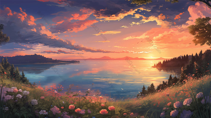 Sunset over calm lake with vibrant clouds ai generated 2D cartoon illustration. Lakeside wildflowers lofi wallpaper background lo-fi art. Tranquil waterscape in dusk flat image cozy chill vibe
