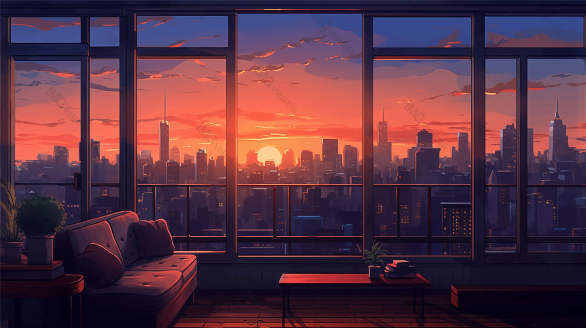 Sunset view from modern living room ai generated 2D cartoon illustration. Panoramic windows twilight cityscape horizon lofi wallpaper background lo-fi art. City dusk flat image cozy chill vibe