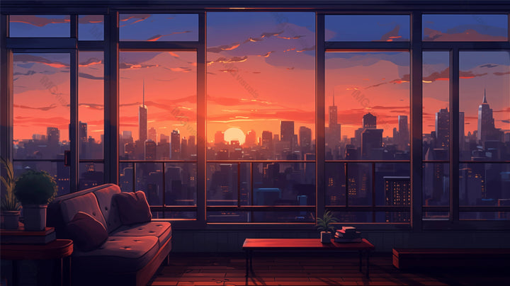 Sunset view from modern living room ai generated 2D cartoon illustration. Panoramic windows twilight cityscape horizon lofi wallpaper background lo-fi art. City dusk flat image cozy chill vibe