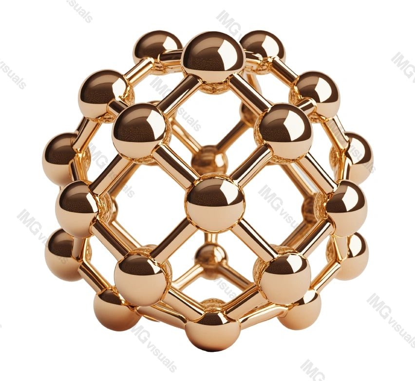 Symmetrical gold molecular framework transparent image, ai generated. Interconnected spherical nodes isolated cutout 3d render. Chemistry, nanotechnology cut out clipart design element png