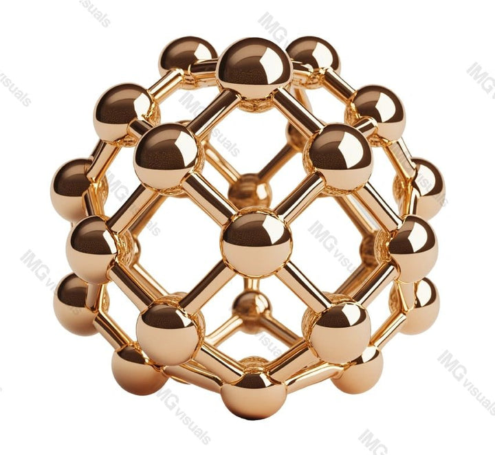 Symmetrical gold molecular framework transparent image, ai generated. Interconnected spherical nodes isolated cutout 3d render. Chemistry, nanotechnology cut out clipart design element png