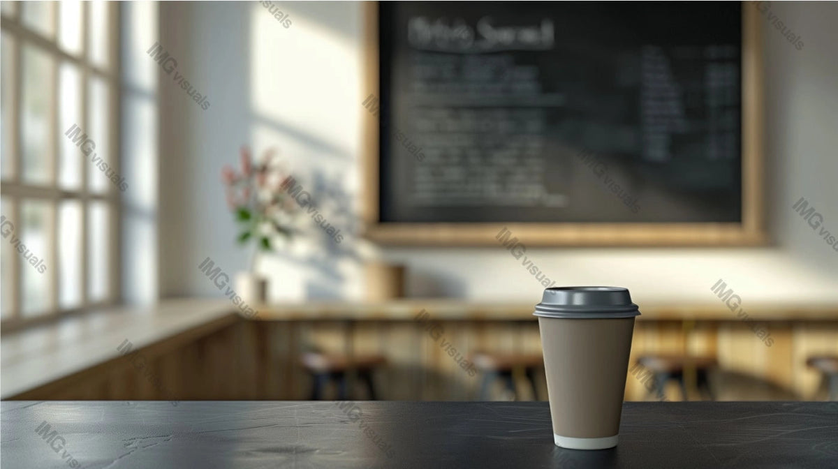 Takeaway coffee cup mockup on dark counter in bright cafe, ai generated. Natural light, blackboard menu. Coffeecup template advertising image. Takeout disposable mock up product photorealistic