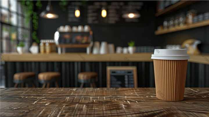 Takeaway coffee cup mockup on rustic wooden table in stylish cafe, ai generated. Coffeecup template advertising image. Stools, coffee counter. Takeout disposable mock up product photorealistic