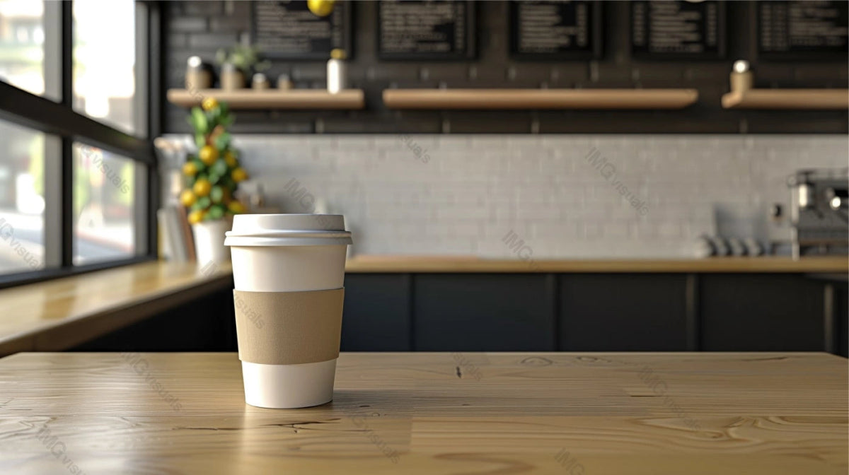 Takeaway coffee cup mockup on wooden table in modern cafe, ai generated. Coffeecup template advertising image. Coffeeshop window view. Contemporary design. Beverage cup mock up product photorealistic