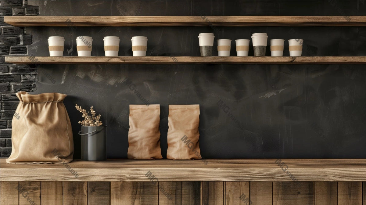 Takeaway coffee cups and brown paper bags mockup, ai generated. Rustic kitchen with wooden shelves. Coffeeshop counter template advertising image. Coffee shop interior mock up photorealistic