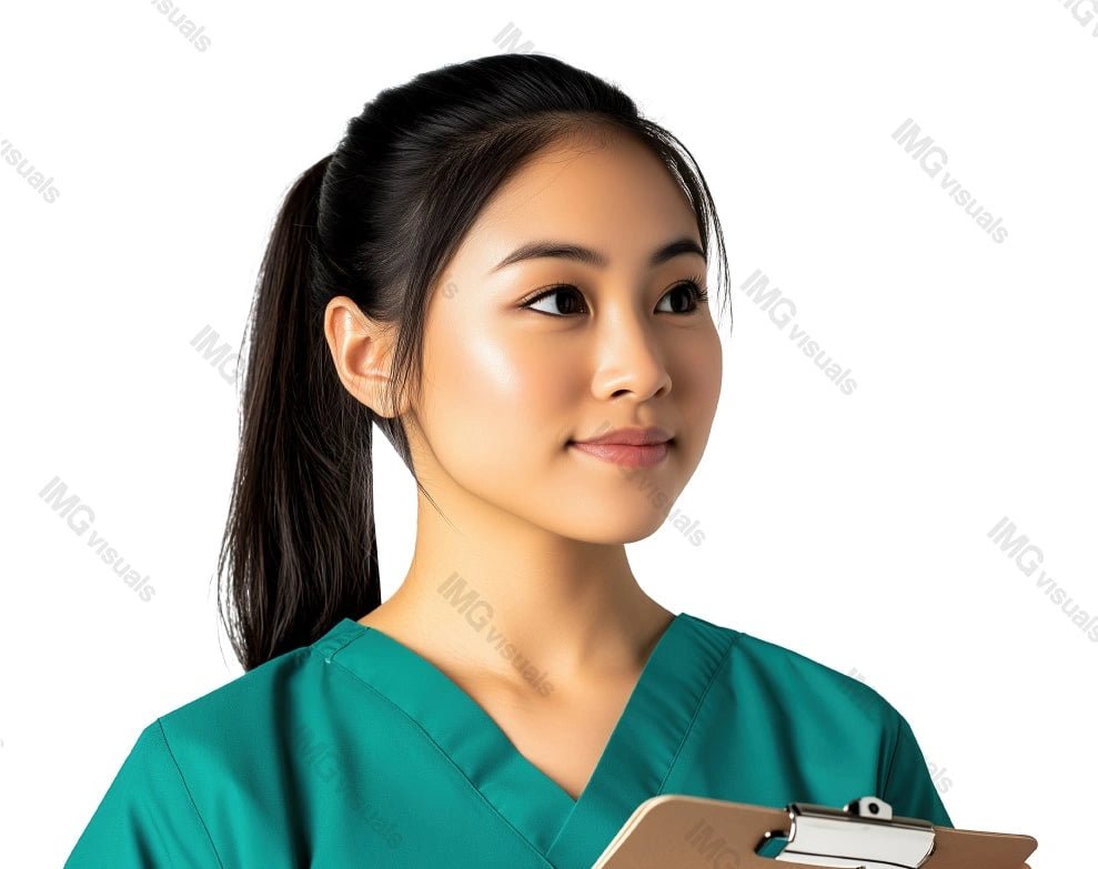 Thoughtful japanese nurse in green scrubs holding clipboard image isolated transparent, ai generated. Medical assistant asian woman ponytail cut out photo png. Healthcare provider cutout photography