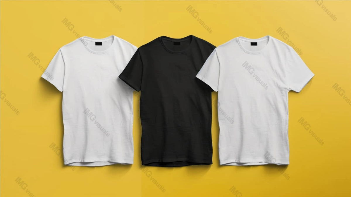 Three plain t-shirts mockup in black and white, ai generated. Neatly displayed side by side tshirts template advertising image. Vibrant yellow background. Apparel mock up product photorealistic