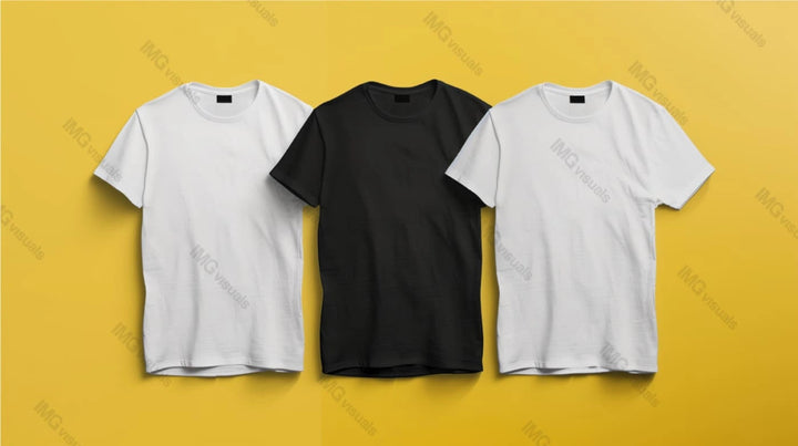 Three plain t-shirts mockup in black and white, ai generated. Neatly displayed side by side tshirts template advertising image. Vibrant yellow background. Apparel mock up product photorealistic