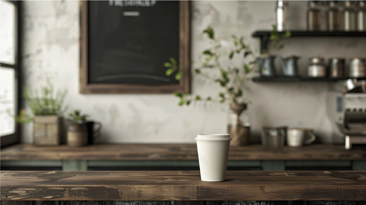 To go coffee cup mockup on rustic wooden table in cozy cafe, ai generated. Blackboard menu, potted plants, coffeeshop equipment. Coffeecup template advertising image. Takeout disposable mock up