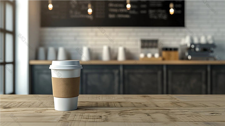 To go coffee cup mockup on wooden counter in modern cafe, ai generated. Coffeeshop warm and inviting atmosphere. Coffeecup template advertising image. Takeout disposable mock up product photorealistic