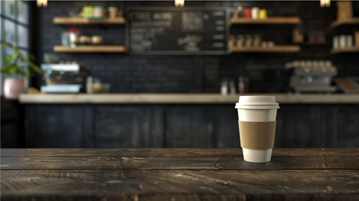 To go coffee cup mockup sits on wooden table in rustic cozy ambiance, ai generated. Coffeeshop relaxed vibe. Coffeecup template advertising image. Takeout disposable mock up product photorealistic