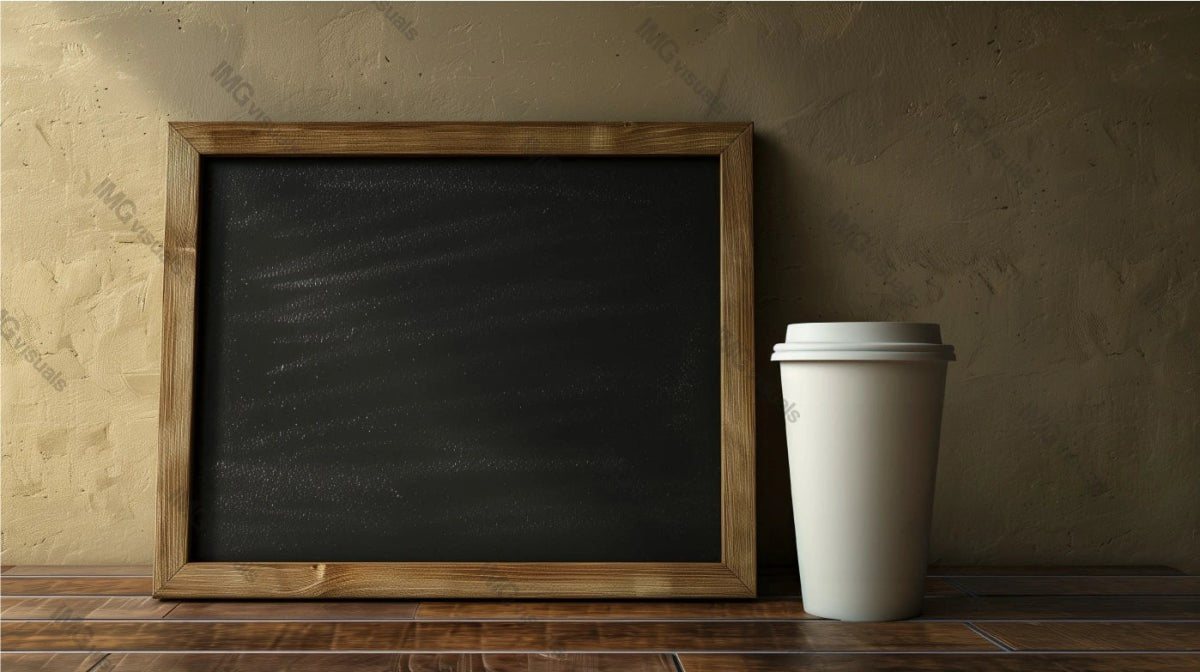 To go coffee cup mockup stands beside blank blackboard sign, ai generated. Rustic beige textured wall. Coffeecup template advertising image. Takeout disposable mock up product photorealistic