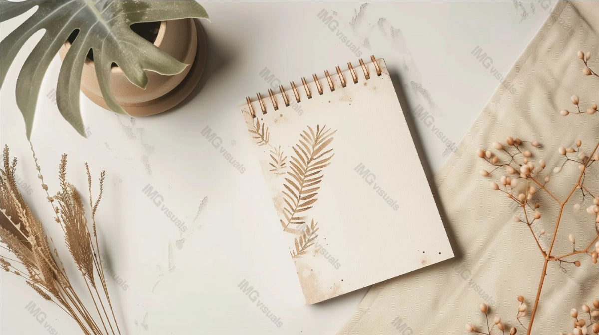 Top view of spiral-bound notepad mockup with botanical print, ai generated. Dried flowers, potted plant on white surface. Desk stationery template advertising image. Natural artistic workspace mock up