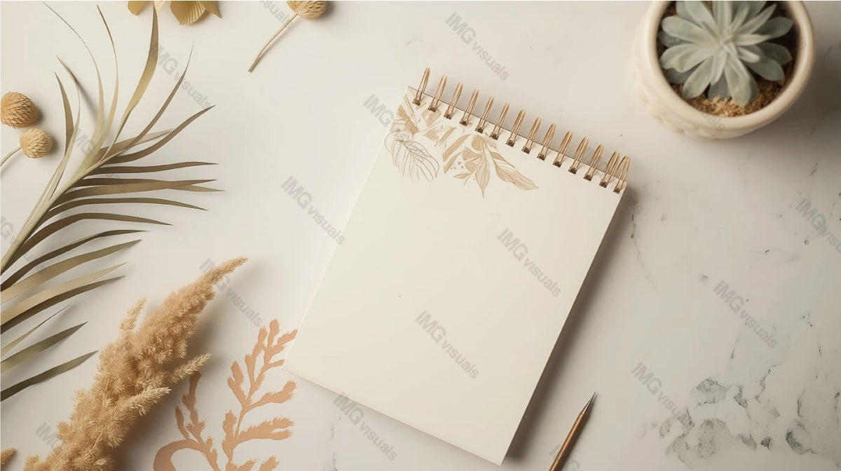 Top view of spiral-bound notepad mockup with floral sketches, ai generated. Dried foliage, succulent plant. Desk accessory template advertising image. Nature-inspired, creative mock up photorealistic