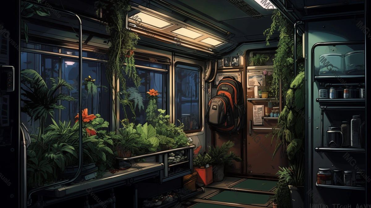 Train car interior with array of potted plants ai generated 2D cartoon illustration. Botanical commute lofi wallpaper background lo-fi art. Traveling greenhouse. Garden metro flat image chill vibe