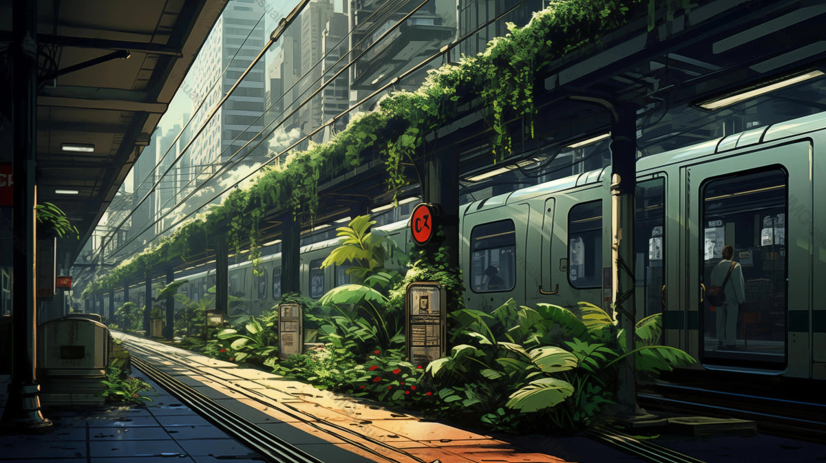 Train station with rich greenery alongside platform ai generated 2D cartoon illustration. Urban oasis lofi wallpaper background lo-fi art. City transport. Commuter train flat image cozy chill vibe