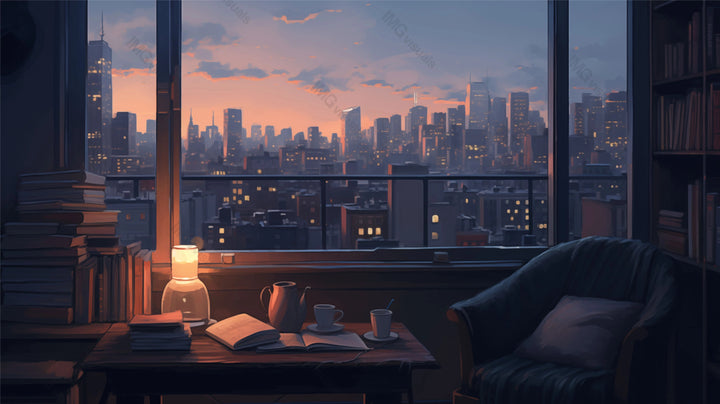 Twilight cityscape viewed from cozy room ai generated 2D cartoon illustration. Warm glowing lamp and books lofi wallpaper background lo-fi art. Bookish retreat. Quiet reading flat image chill vibe